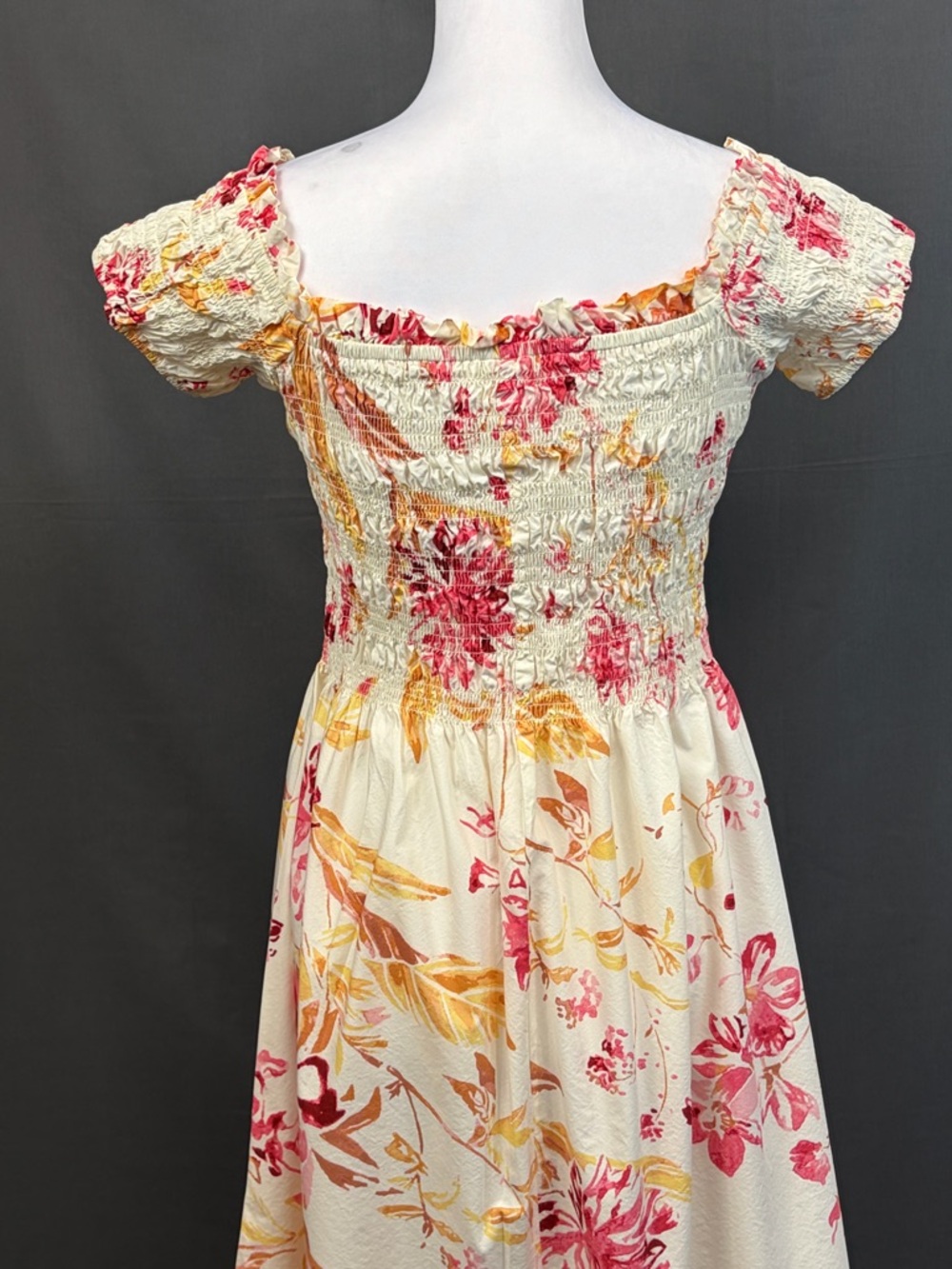 🎉H&M Cream Maxi Dress |Pink & Yellow Floral Print | Stretch Smock Off Shoulder M - Picture 4 of 9